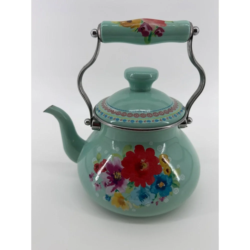 The Pioneer Woman Breezy Blossom Enamel on Steel Tea Kettle Mint Green Floral